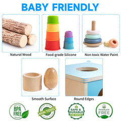 WOODMAM natural wood toys with non-toxic finish promote safe sensory exploration.