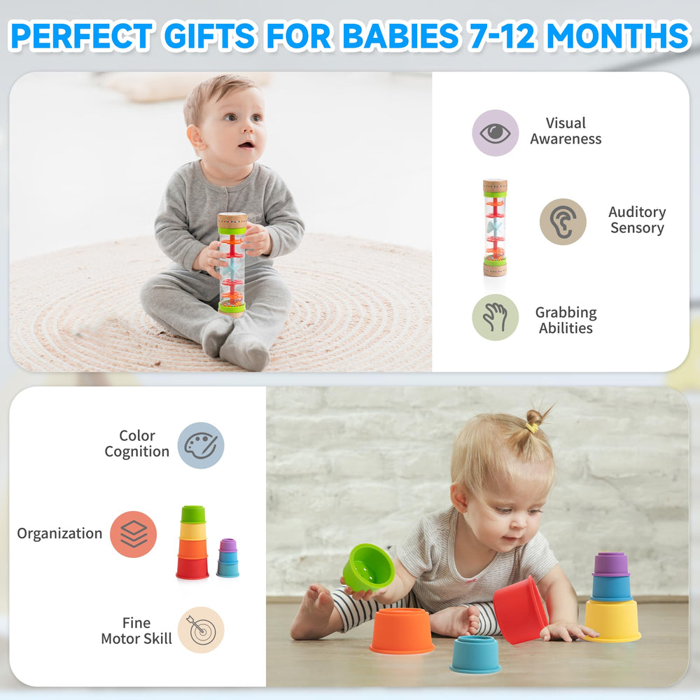 WOODMAM stacking cups with soft silicone textures to encourage grasping and stacking.