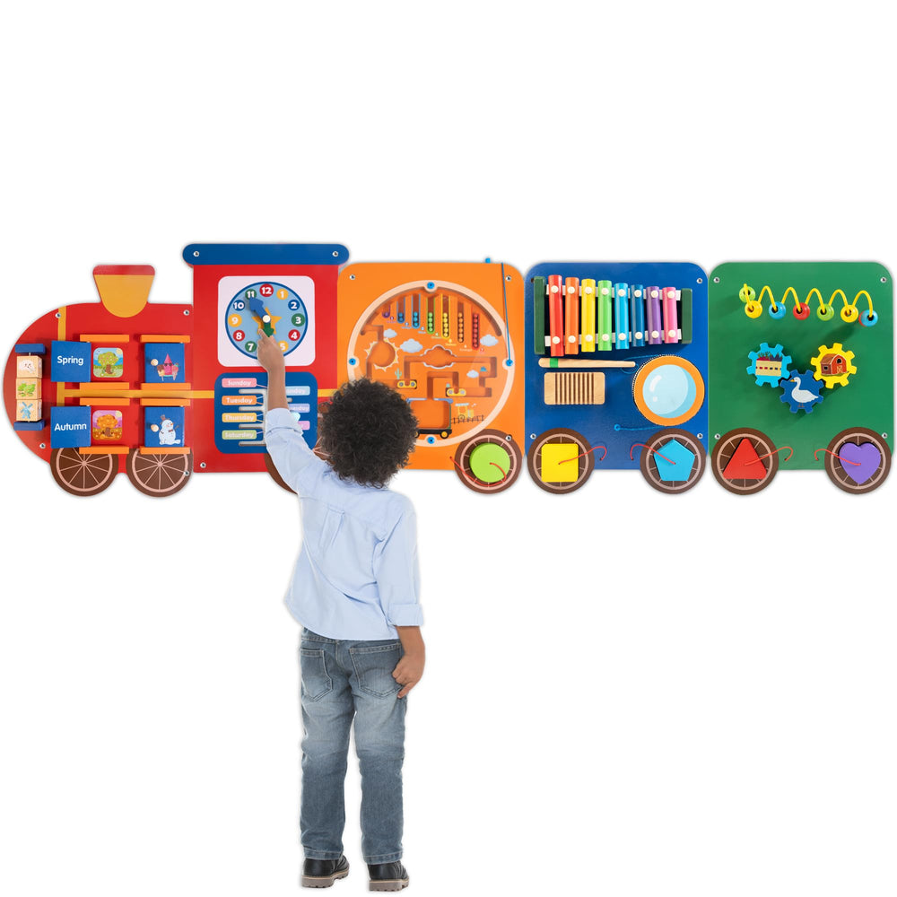 Woodmam Train Activity Wall Panel supports group play and hands-on learning.