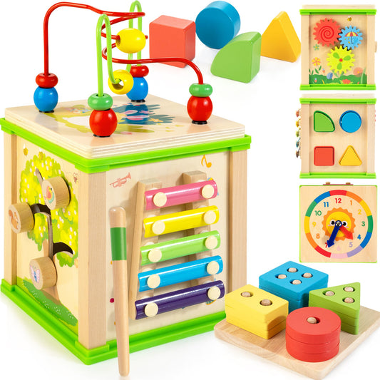 WOODMAM wooden 7-in-1 cube side view promotes independent play and fine motor practice.
