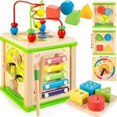 WOODMAM wooden 7-in-1 cube side view promotes independent play and fine motor practice.