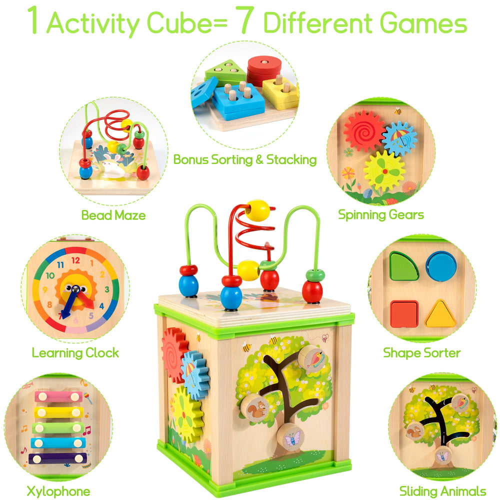 WOODMAM wooden 7-in-1 cube top view highlights compact storage for travel.