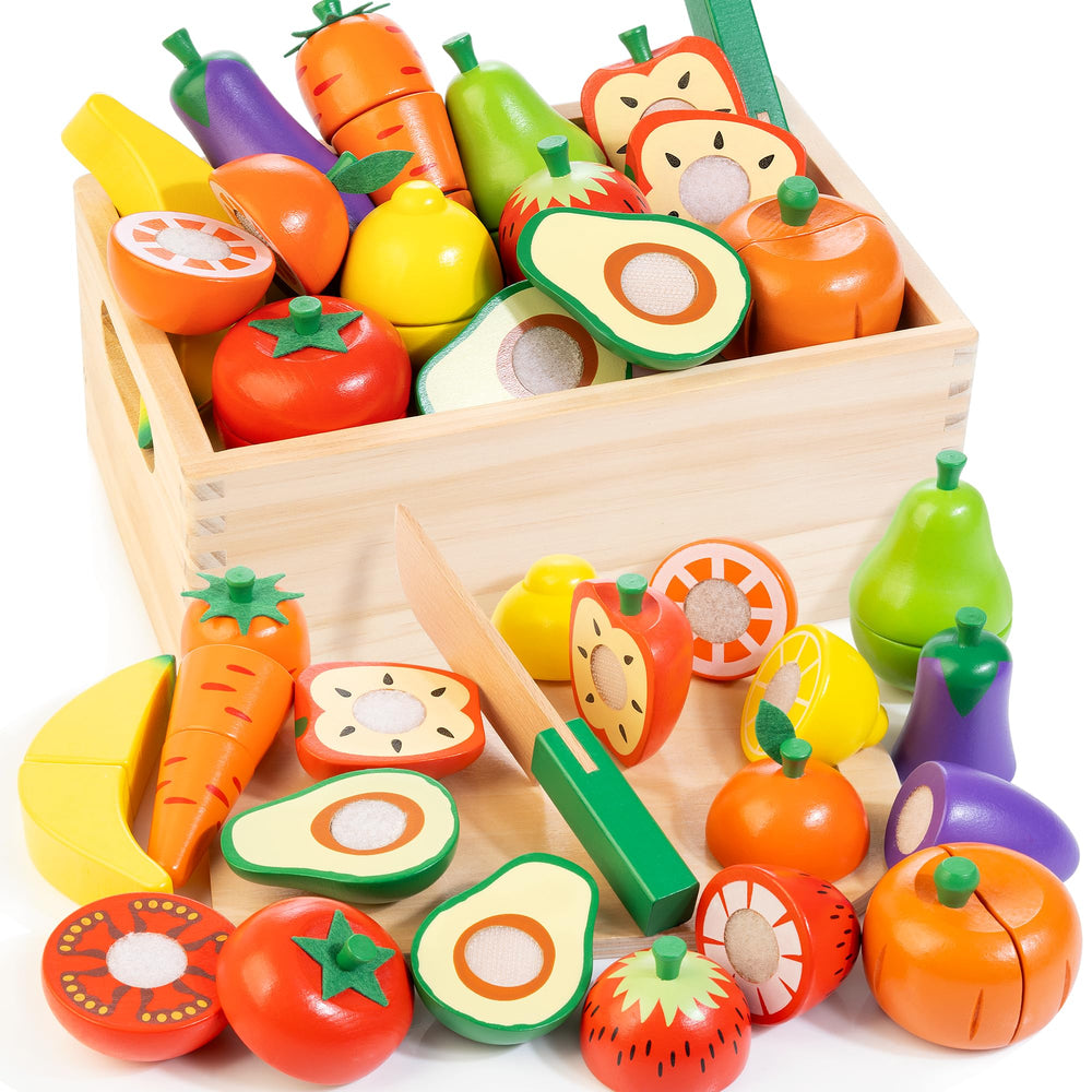 WOODMAM wooden fruits and vegetables cutting set for toddler pretend cooking.