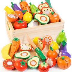 WOODMAM wooden fruits and vegetables cutting set for toddler pretend cooking.