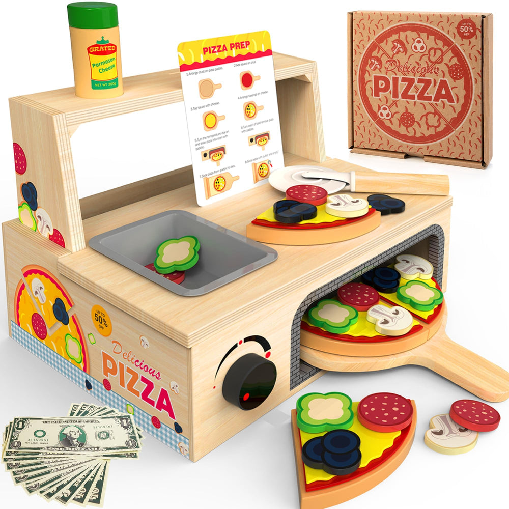 WOODMAM wooden pizza toy with rotating oven button for imaginative play.