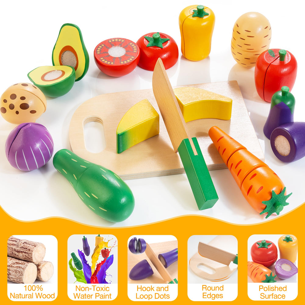 Woodmam colorful pretend fruits and vegetables for color recognition during kitchen role-play.