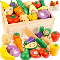 Woodmam wooden play food set with knife and cutting board for imaginative cutting play.