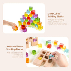 Woodtoe blocks form colorful windows in the houses during play