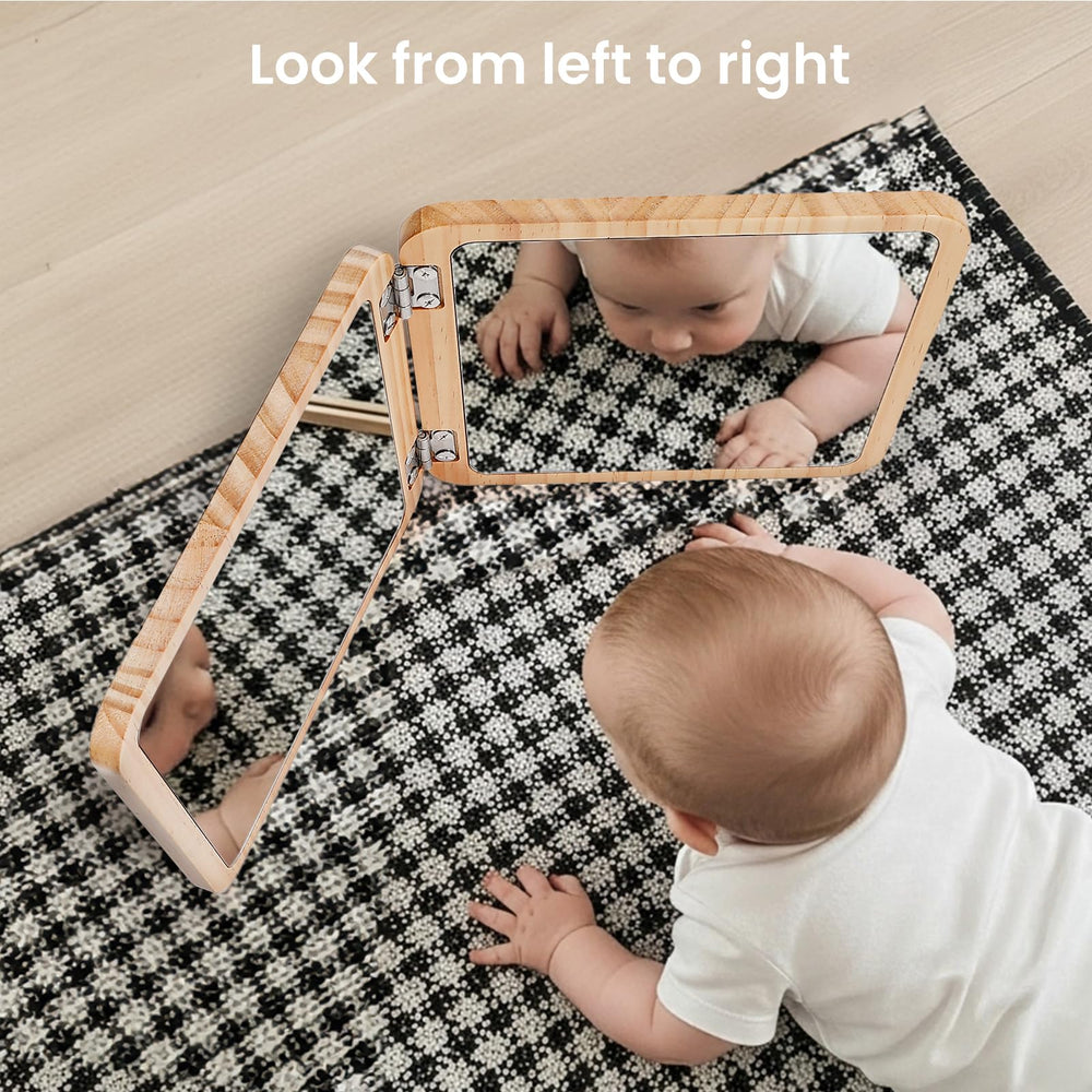 Woodtoe safe-materials construction uses pine and shatterproof mirror.