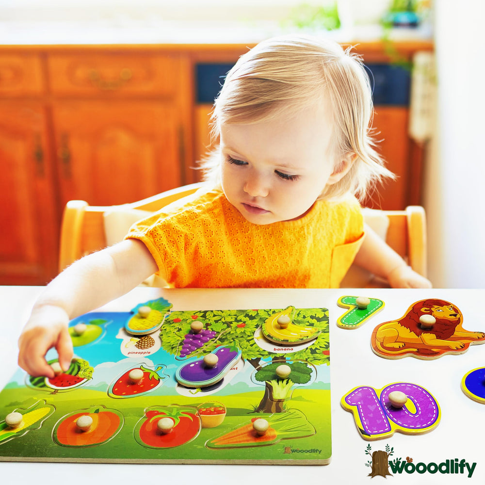 WOOOODLIFY set of colorful pegs invites interactive play and fine motor practice.