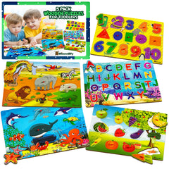 WOOODLIFY wooden fruit puzzle peg with bright colors supports shape and color recognition.