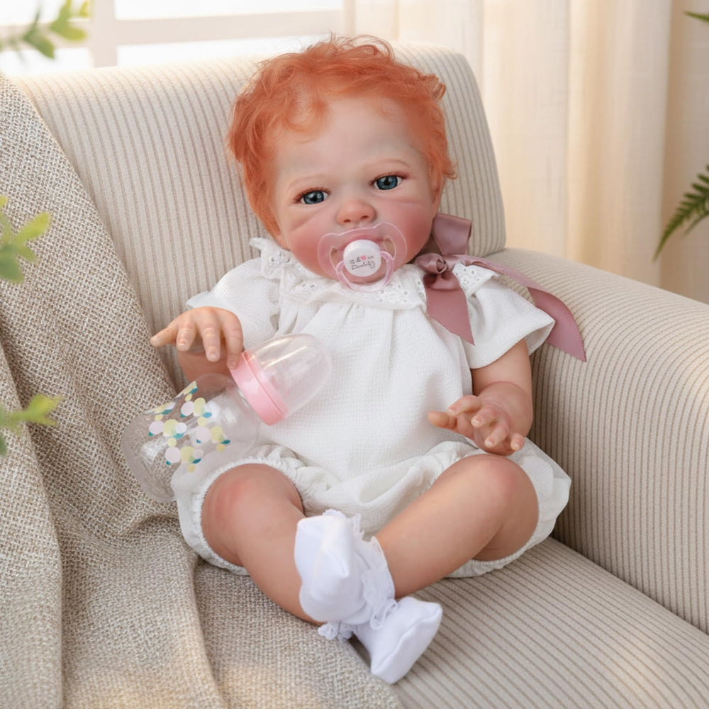 WOOROY reborn baby doll girl with open eyes and red hair for lifelike nurturing play.