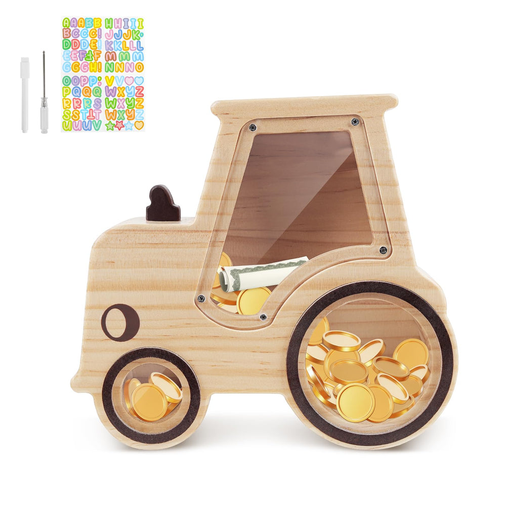 Wooshwa Tractor Piggy Bank for Kids shows playful design and savings potential.