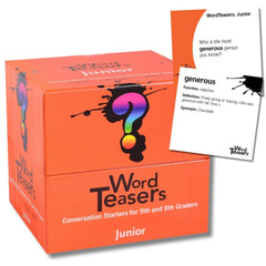 Word Teasers Junior flash cards pack front, vibrant prompts to boost vocabulary learning at home.