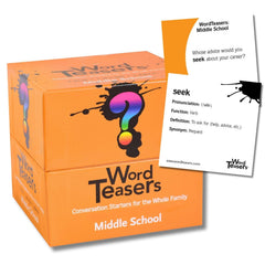 Word Teasers middle-school cards pack front for quick vocabulary practice anywhere.