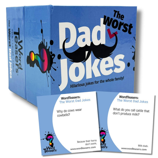 Word Teasers Worst Dad Jokes 2nd Edition cards on table for family fun