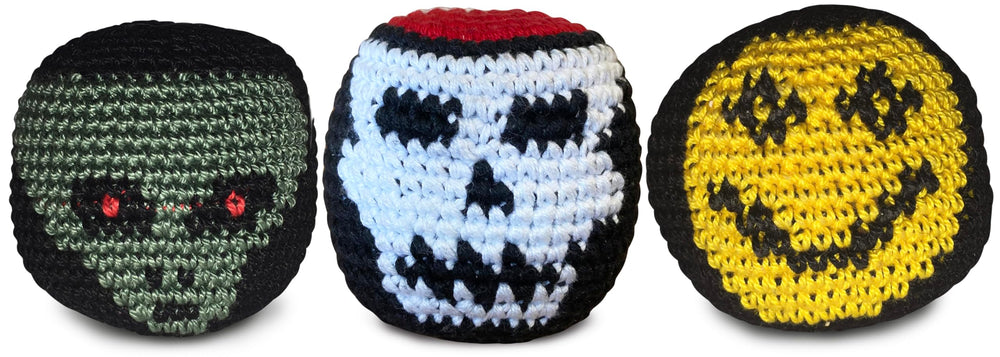 World Footbag Faces Footbag pack: bright crochet footbags for beginner practice.