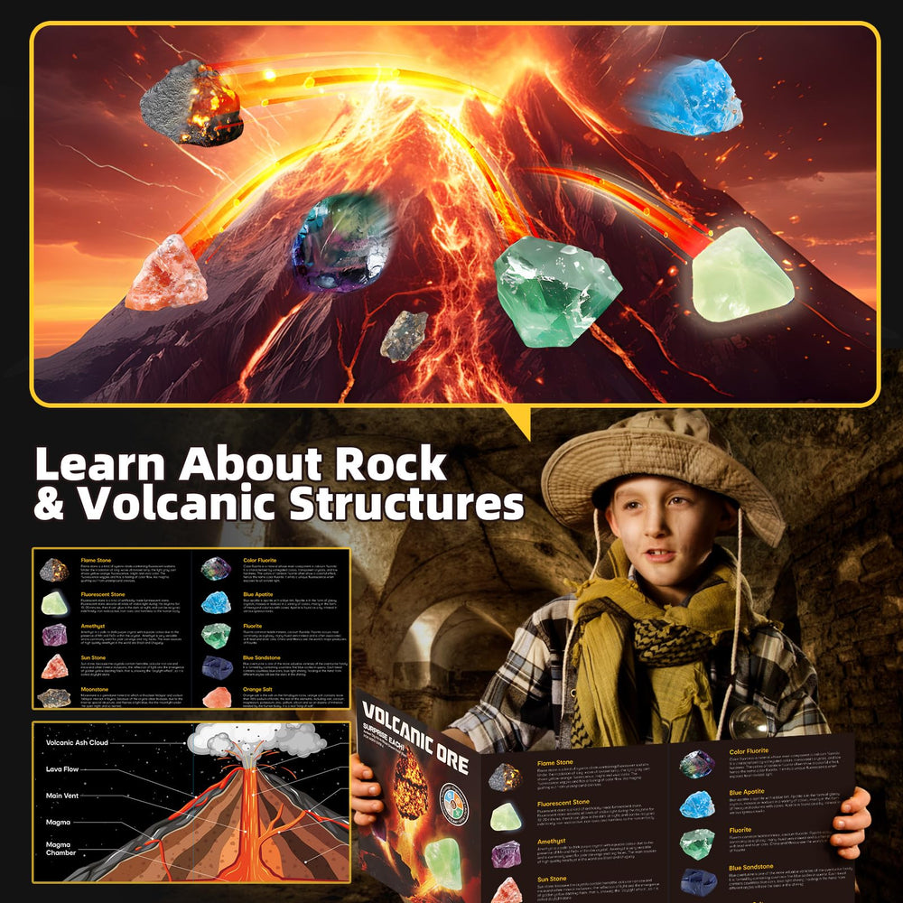 Woumserta Volcano Dig Kit glowing rock adds night-time wonder.