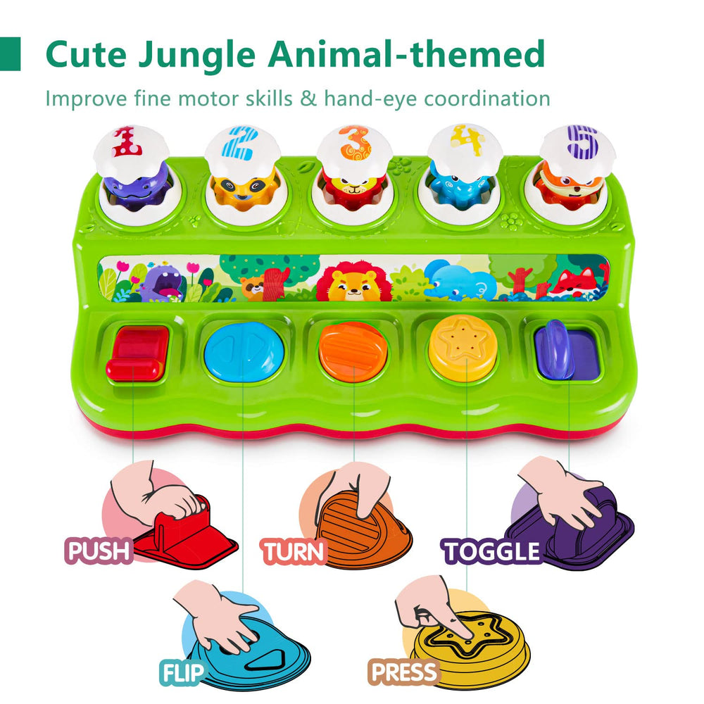 WOWOHAGE animal pop-up characters provide bright visuals for cognitive engagement.