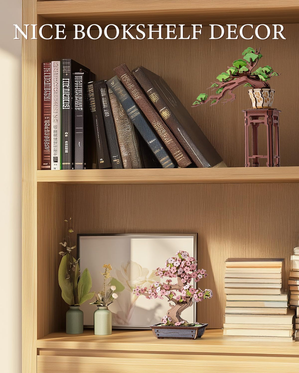 Wowood Bonsai display on a shelf as nature inspired home decor