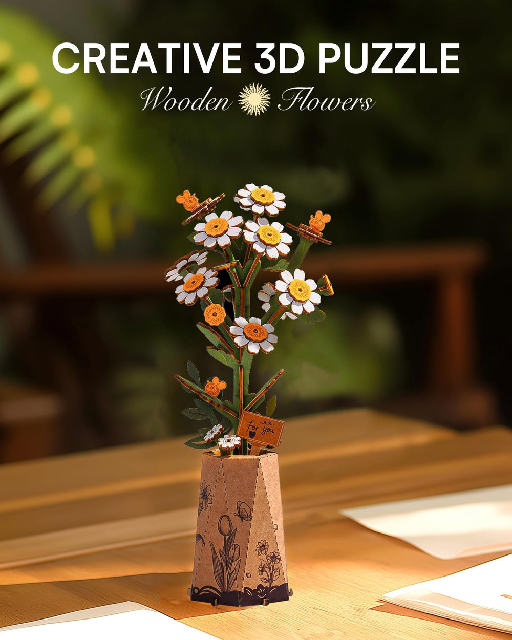 Wowood Chamomile 3D puzzle side angle shows intricate wooden petals for a calming project