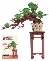 Wowood Evergreen Pine Bonsai 3D puzzle assembly stage showcases natural wood detail for mindful crafting