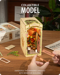 Wowood miniature book nook scene enhances shelves with a refined look.
