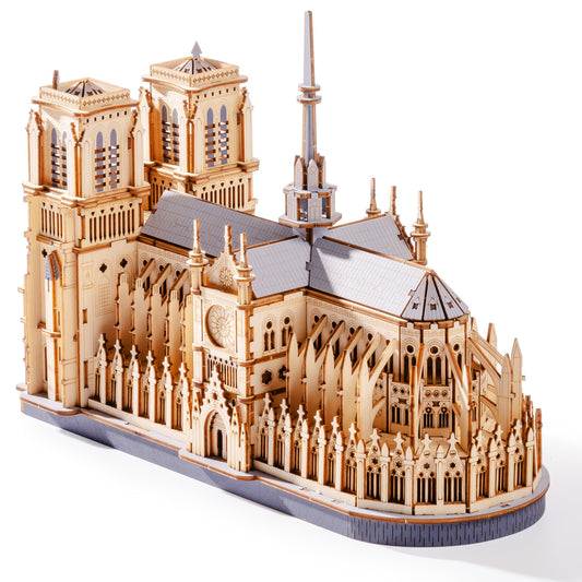 Wowood Notre Dame cathedral assembly shows intricate wooden pieces for stylish home decor.