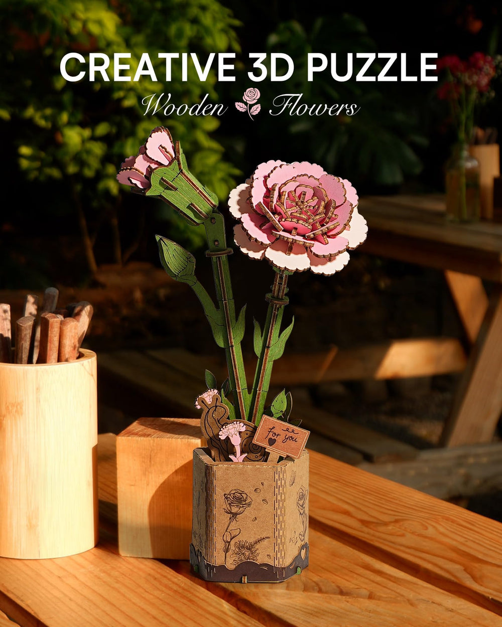 Wowood Pink Carnation wooden flower kit ready for building and relaxation.