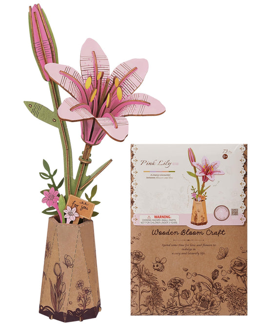 Wowood Pink Lily 3D Puzzle box - graceful wooden flower for decor and gifting.