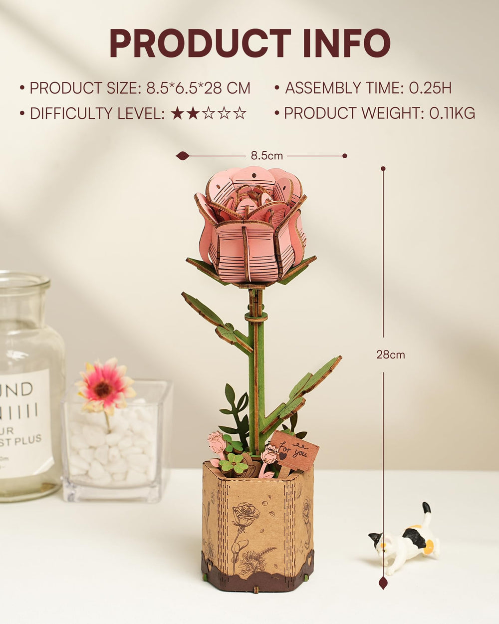 Wowood pink rose assembled flower ready to display in home or workspace