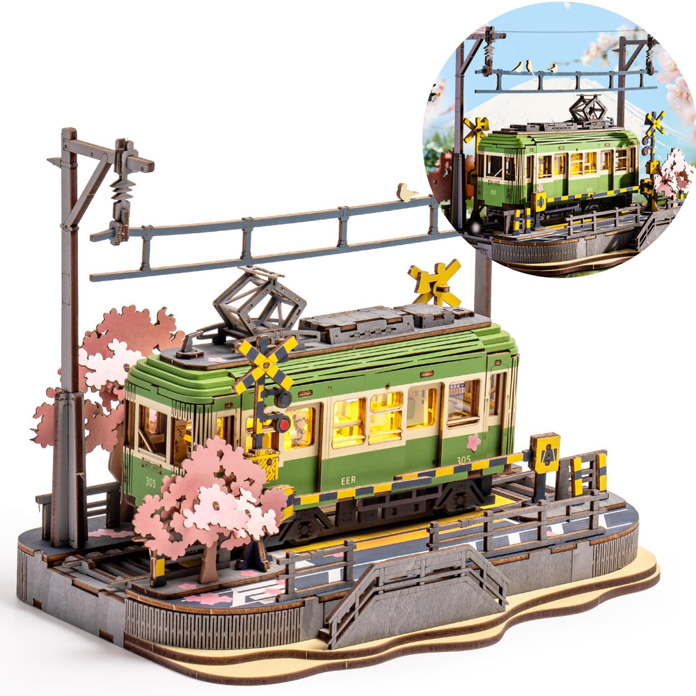 Wowood Sakura Journey Tram assembled model, a charming desktop centerpiece.