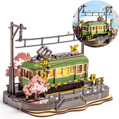 Wowood Sakura Journey Tram assembled model, a charming desktop centerpiece.