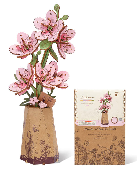 Wowood Sakura 3D puzzle bloom close-up for decorative display and mindful building.