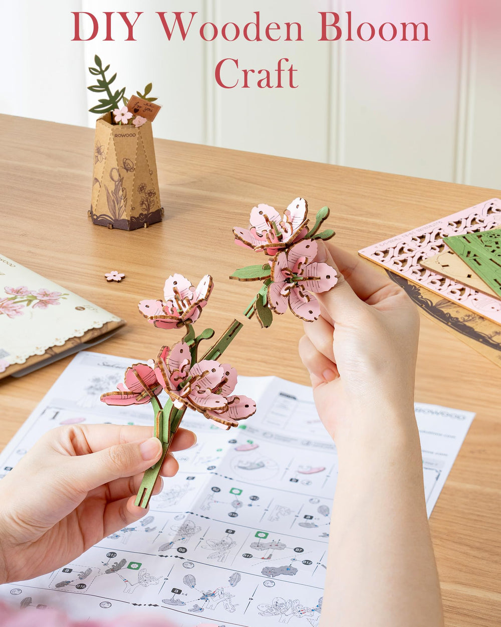 Wowood Sakura petal detail reveals craftsmanship and rich wood grain.