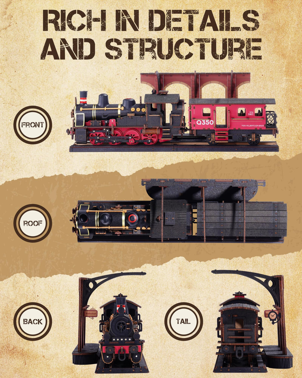 Wowood Steam Train detail work captures finely carved panels for a decorative centerpiece.
