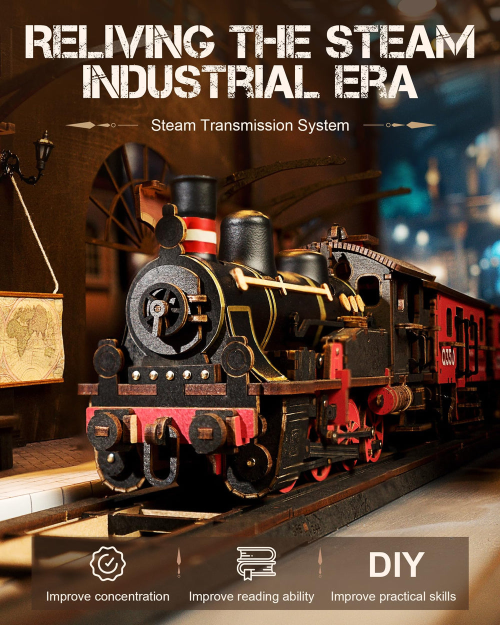 Wowood wooden puzzle Steam Train highlights natural grains for a collectible display.