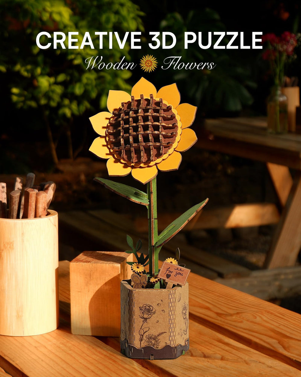 Wowood wooden sunflower bloom closeup highlights smooth edges for satisfying building.