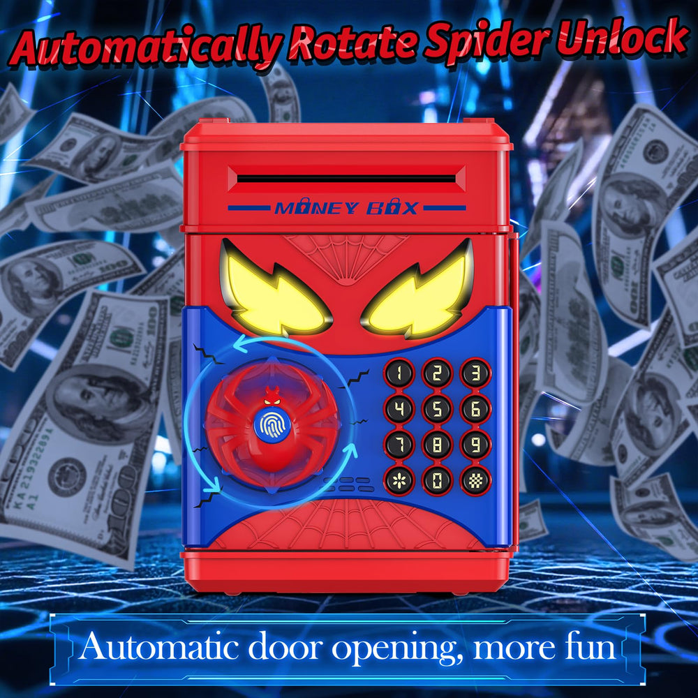 Wrystte Spider Piggy Bank door action demonstrates fingerprint security in a playful way.