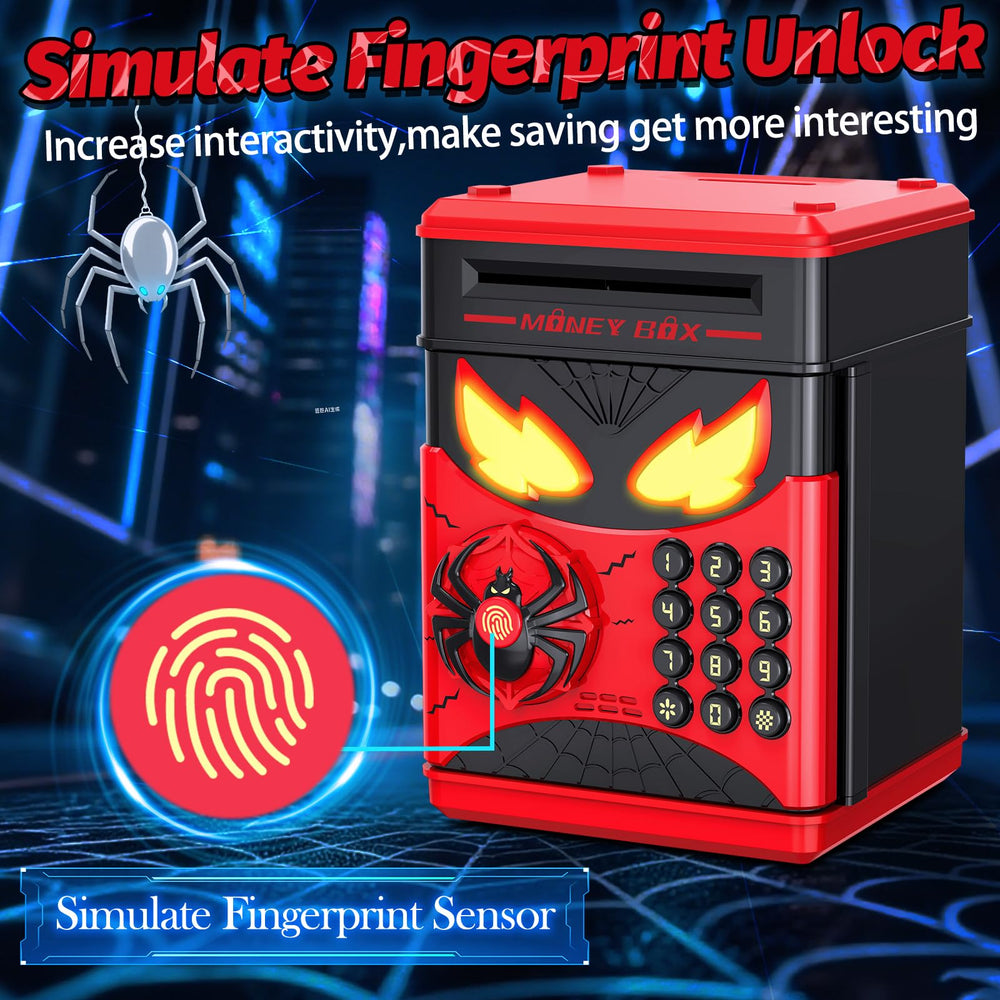 Wrystte Spider Piggy Bank door open showing automatic safe access for saving.