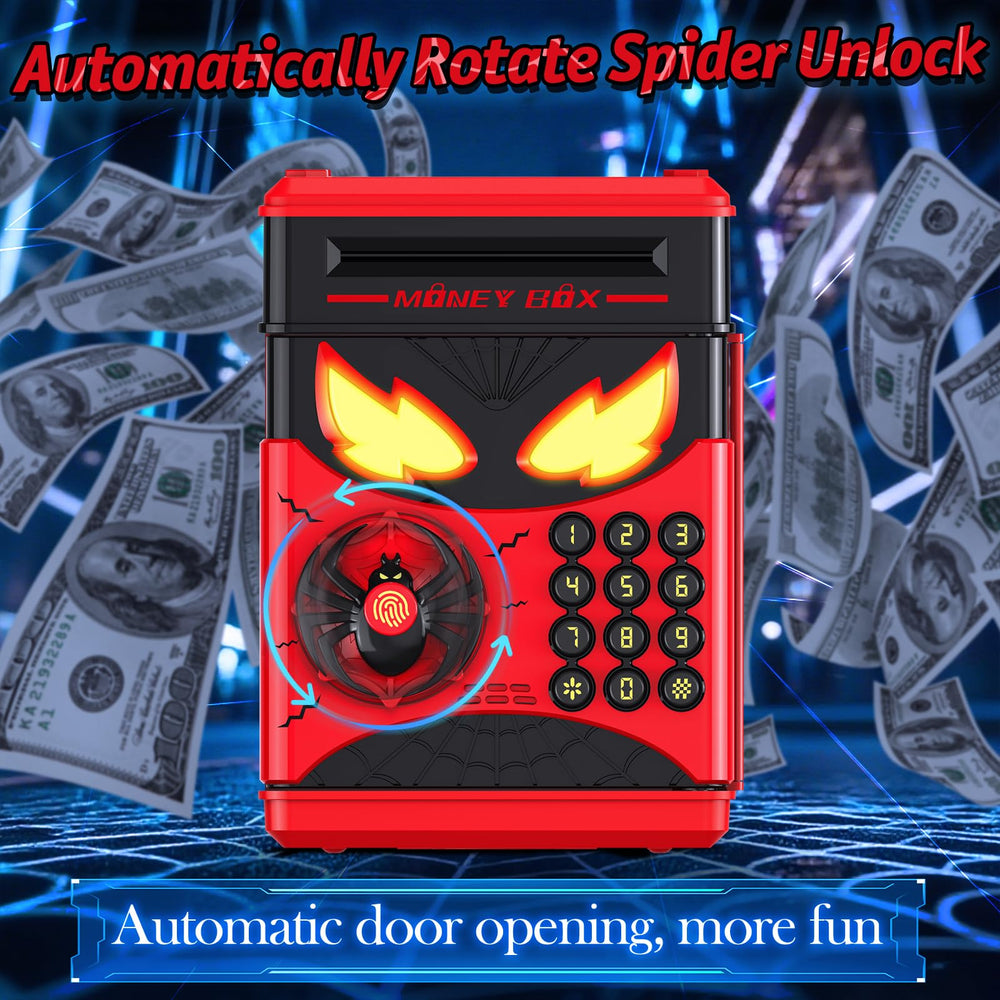 Wrystte Spider Piggy Bank eye lighting highlights feedback during deposits.