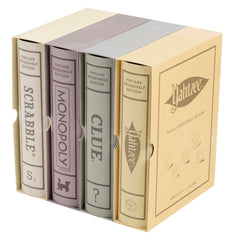 WS Game Company Scrabble box on a bookshelf, ideal for family play.