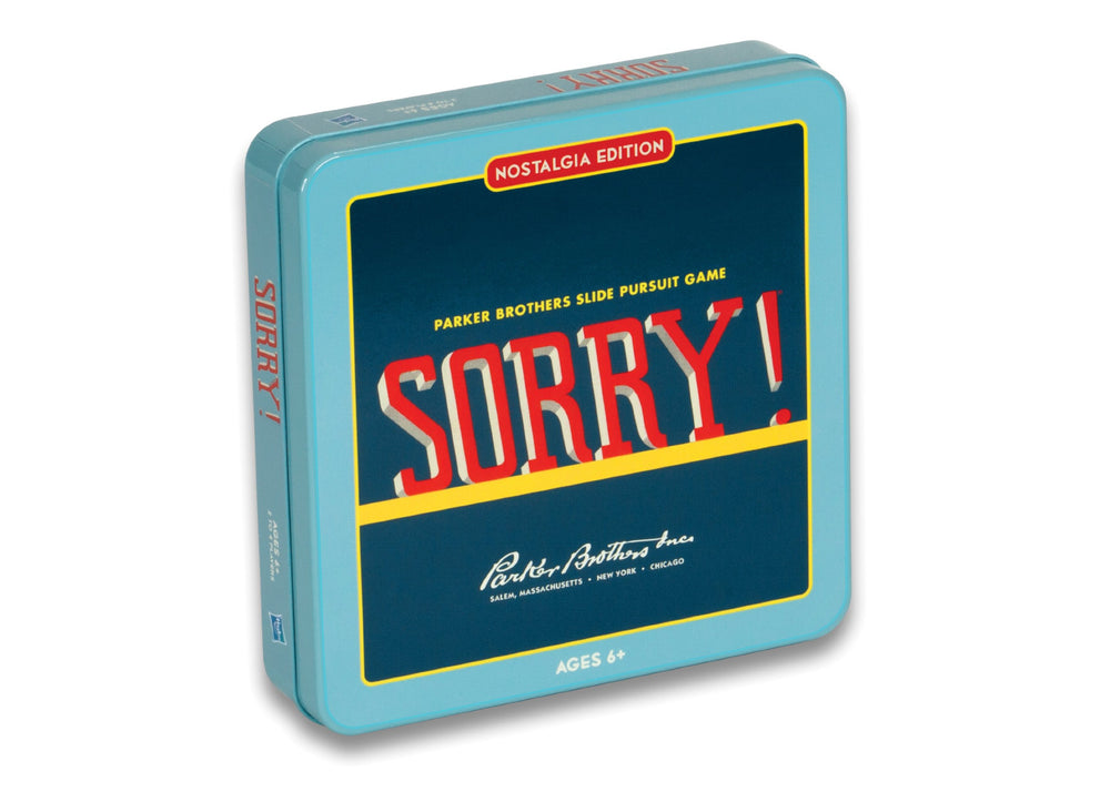 WS Game Company Sorry! Nostalgia Edition front view tin for nostalgic family game nights.