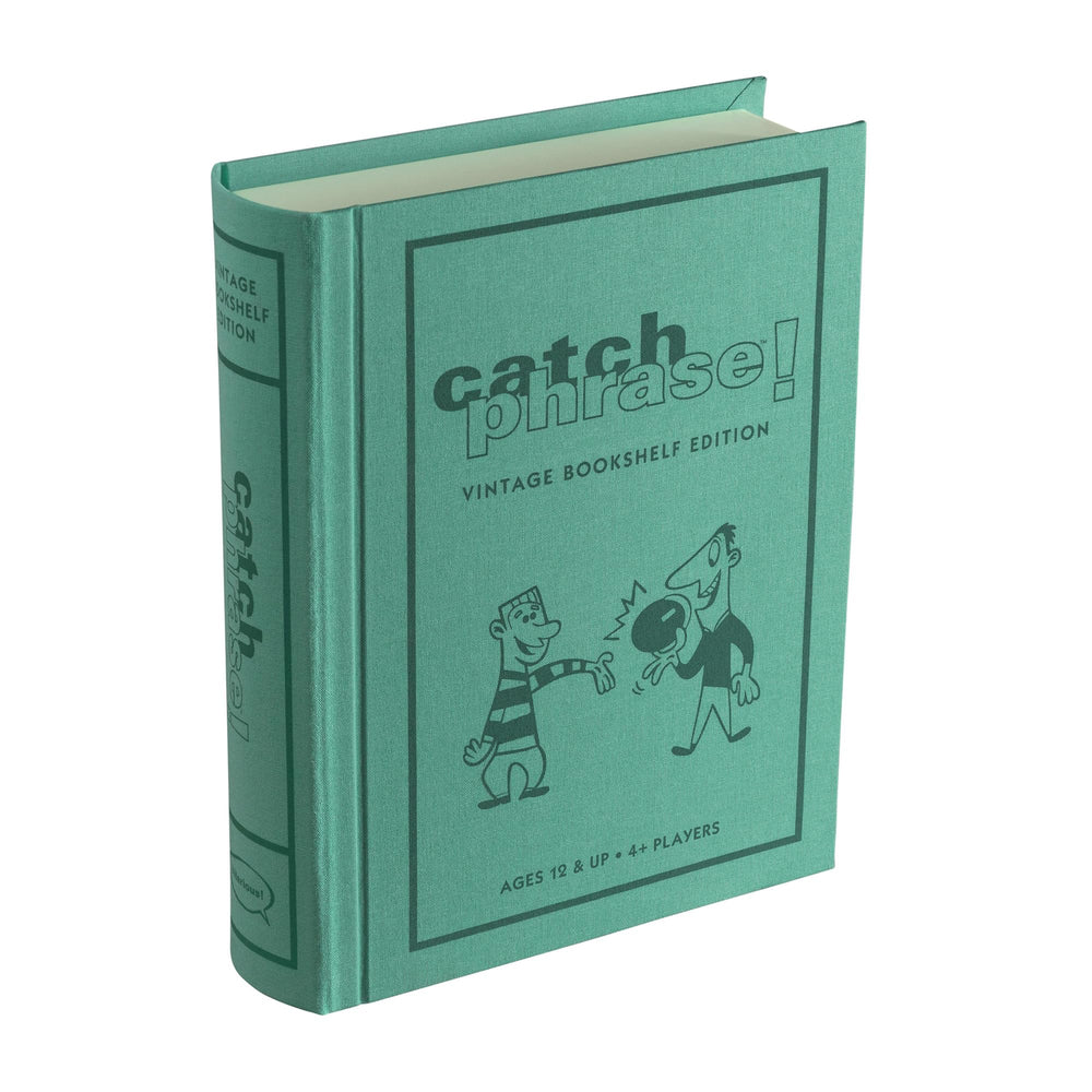 WS Game Company Catch Phrase on a vintage linen-wrapped bookshelf for stylish storage.