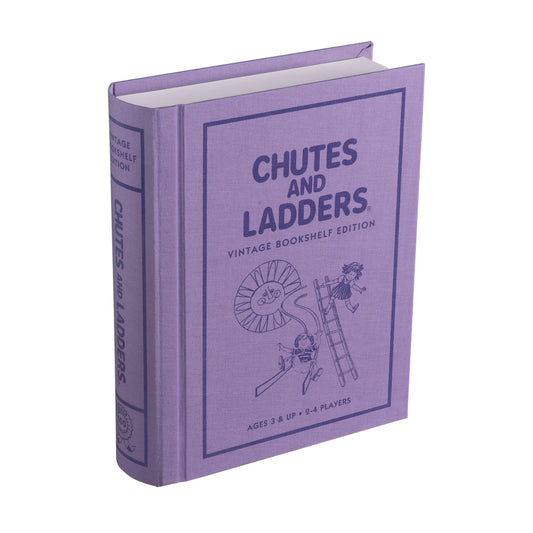 WS Game Company Chutes and Ladders vintage bookshelf display on a library shelf for stylish storage