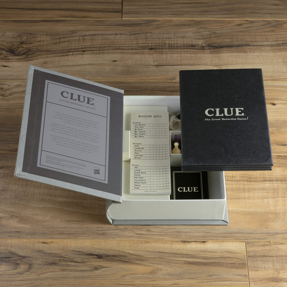 WS Game Company Clue Vintage Bookshelf Edition board opens for generous play space.
