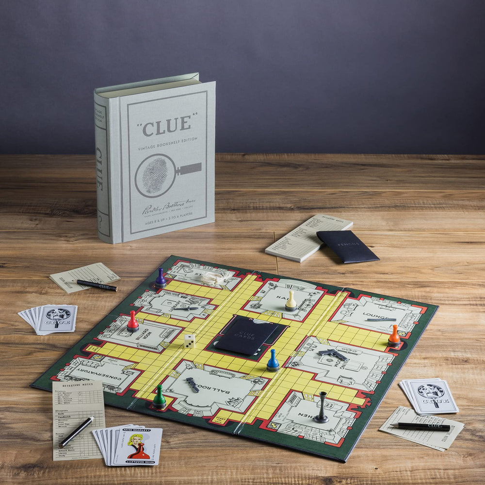 WS Game Company Clue Vintage Bookshelf Edition die-cast weapons for authentic mystery setups.