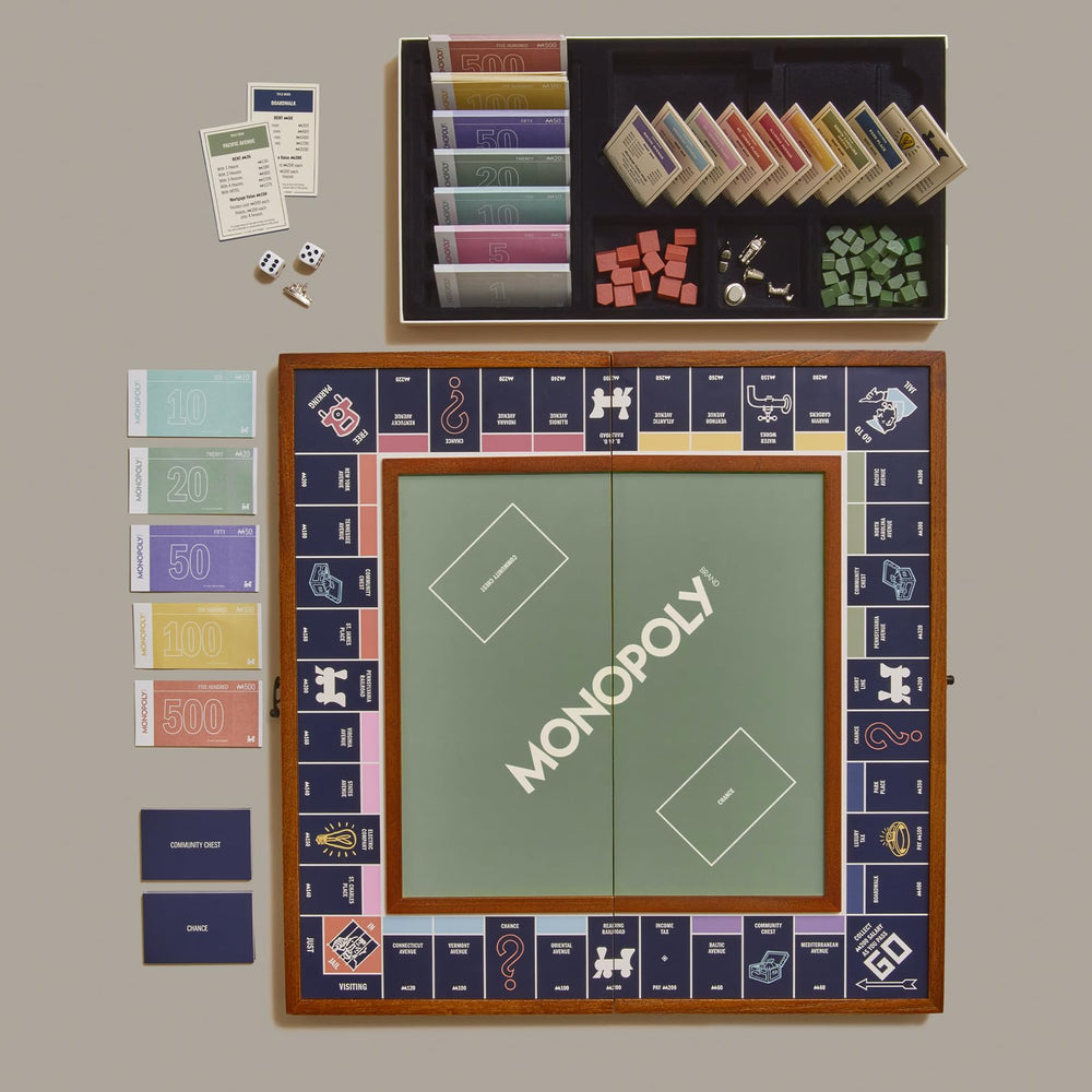 WS Game Company Monopoly Grand wood-framed board presents premium design for family game nights.