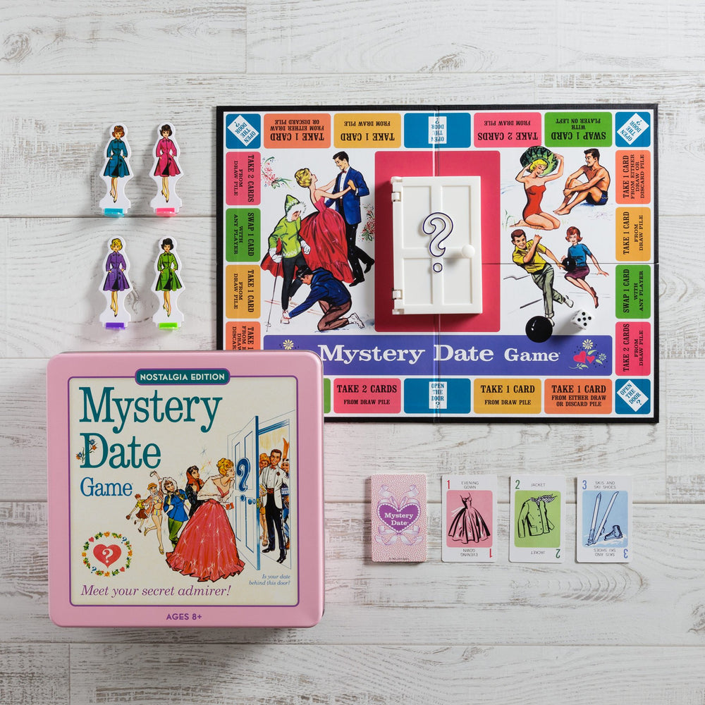 WS Game Company Mystery Date Nostalgia Edition Mystery Door and pawns evoke retro dating vibes.