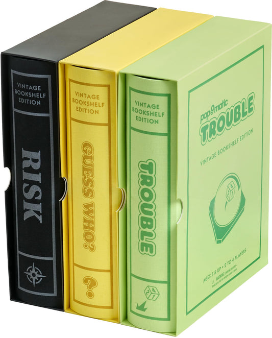 WS Game Company Risk, Trouble and Guess Who vintage bookshelf front view showing decorative storage.